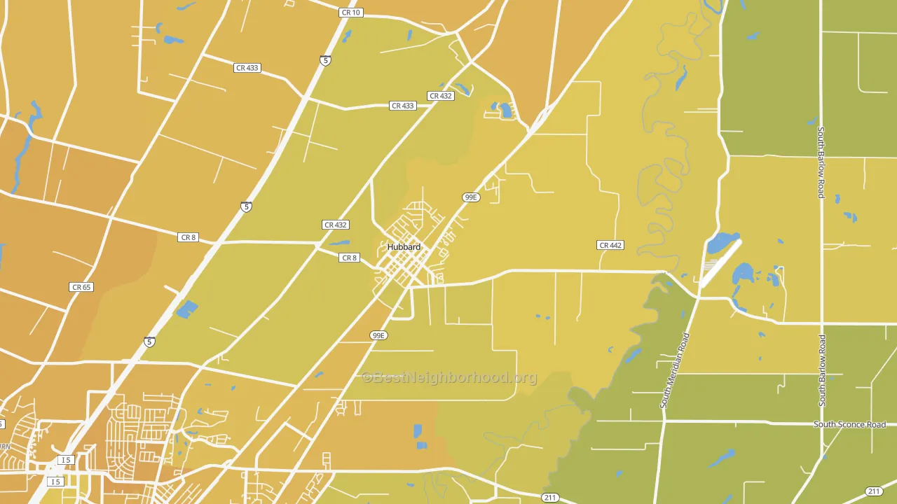 Map of the best neighborhoods in the Hubbard area, with better matches in green and worse matches in red