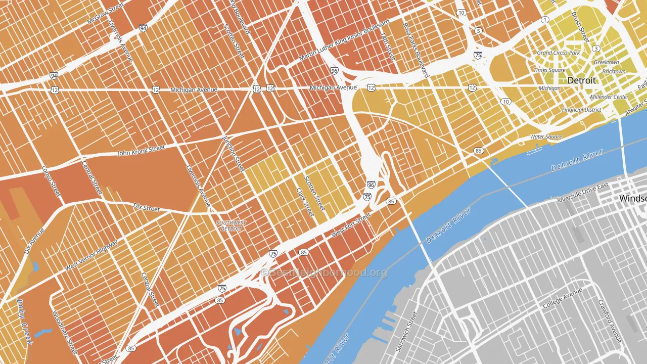 Map of the best neighborhoods in the Hubbard-Richard, Detroit area, with better matches in green and worse matches in red
