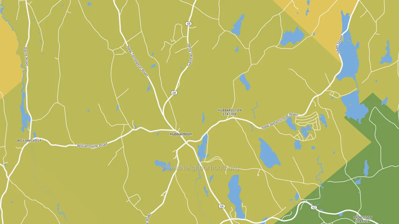 Map of the best neighborhoods in the Hubbardston area, with better matches in green and worse matches in red