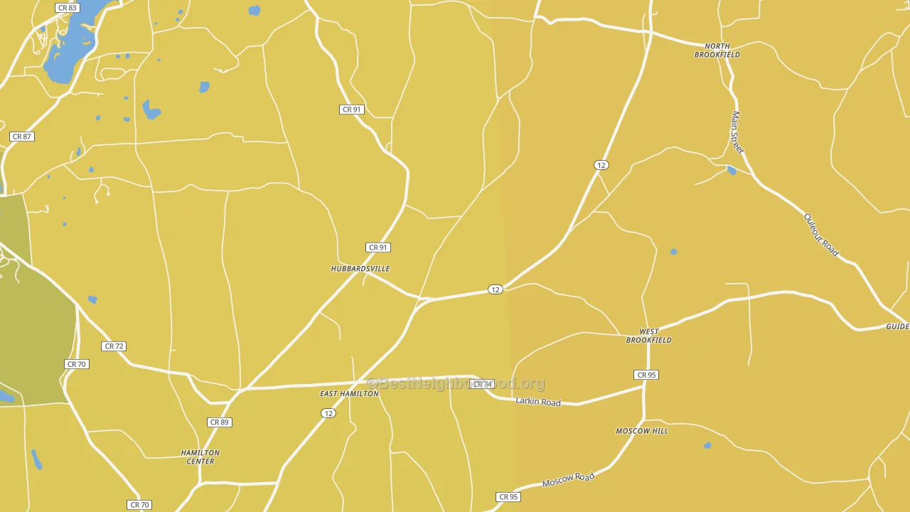 Map of the best neighborhoods in the Hubbardsville area, with better matches in green and worse matches in red