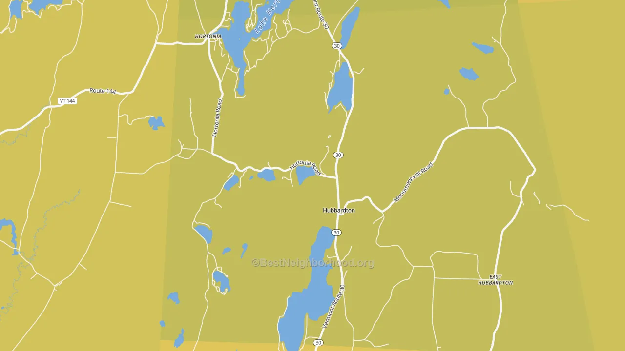 Map of the best neighborhoods in the Hubbardton area, with better matches in green and worse matches in red