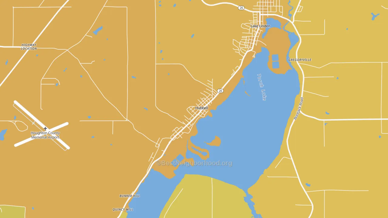 Map of the best neighborhoods in the Hubbell area, with better matches in green and worse matches in red