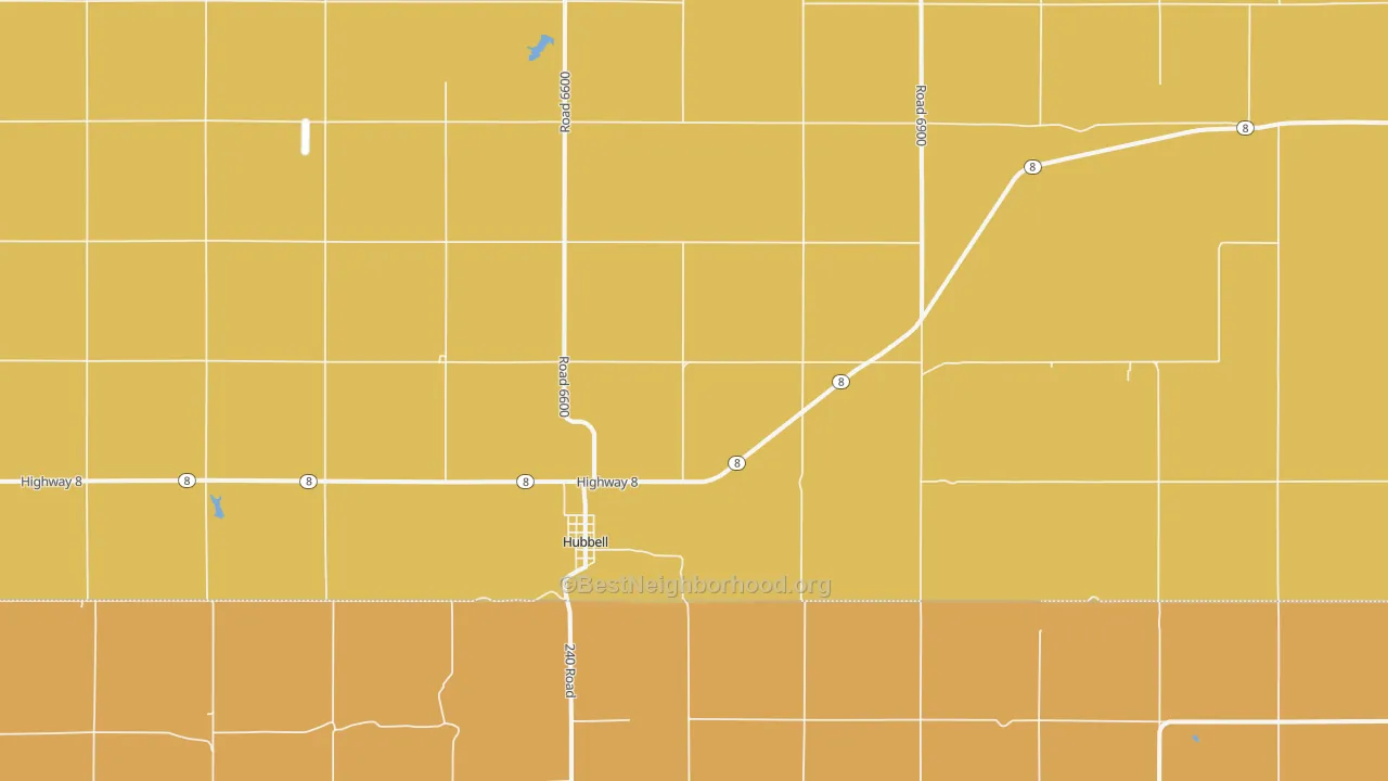Map of the best neighborhoods in the Hubbell area, with better matches in green and worse matches in red
