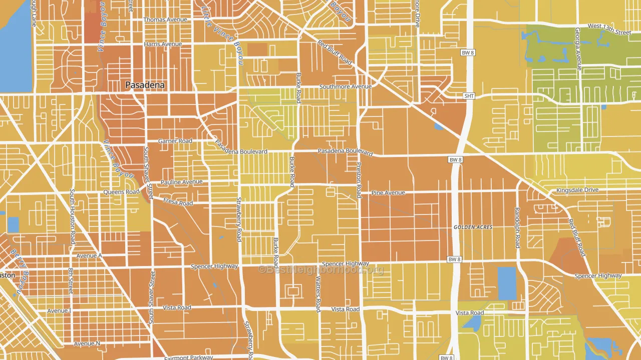 Map of the best neighborhoods in the Hubbell, Pasadena area, with better matches in green and worse matches in red