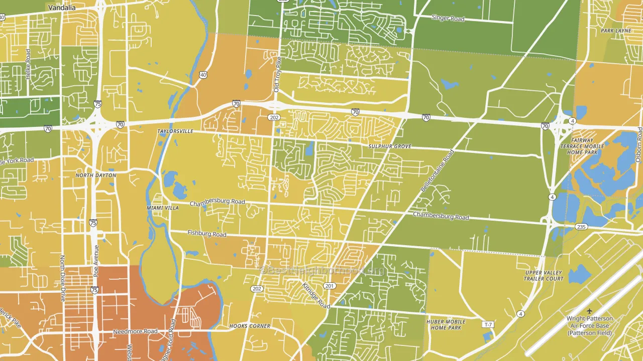 Map of the best neighborhoods in the Huber Heights area, with better matches in green and worse matches in red