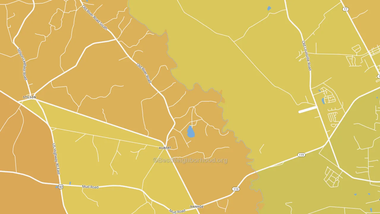 Map of the best neighborhoods in the Hubert area, with better matches in green and worse matches in red