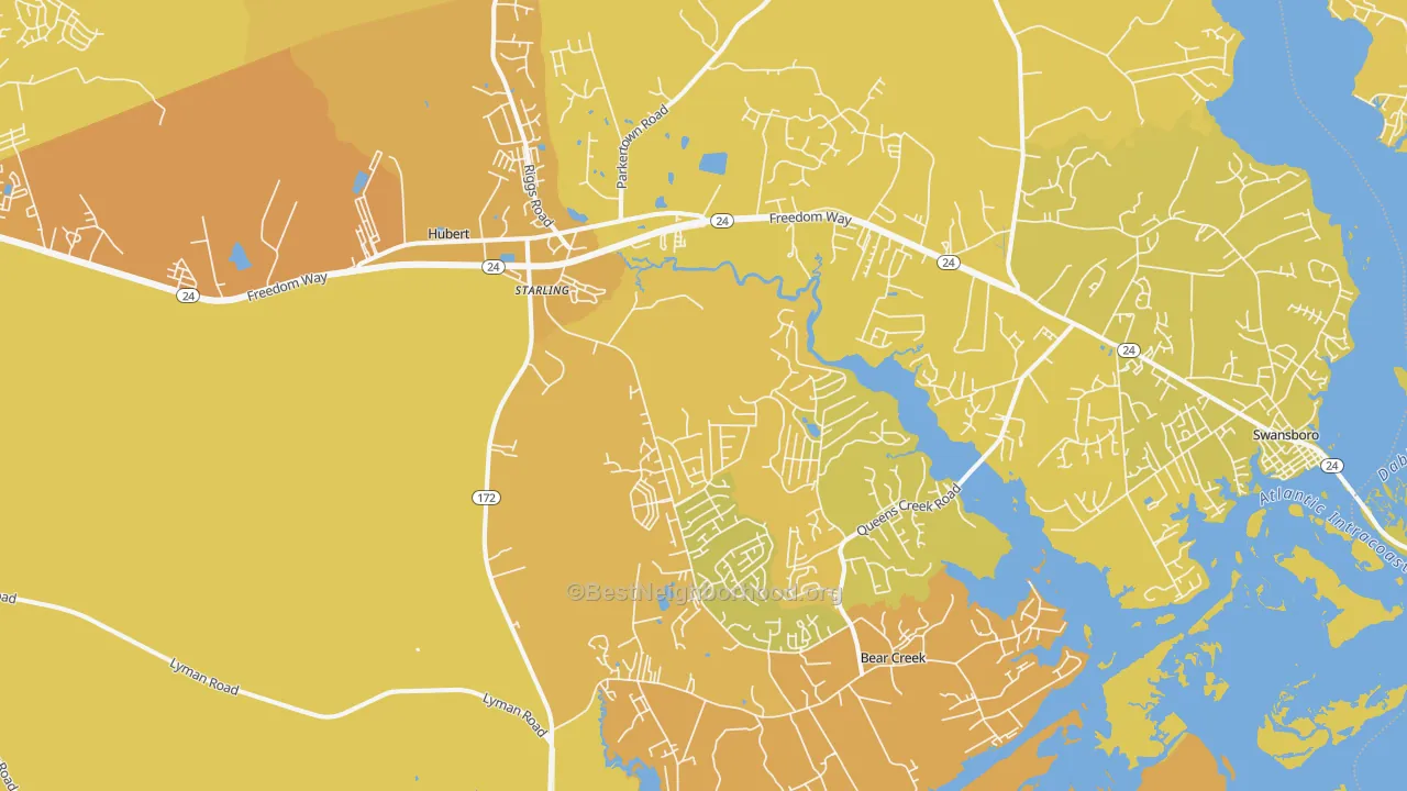 Map of the best neighborhoods in the Hubert area, with better matches in green and worse matches in red