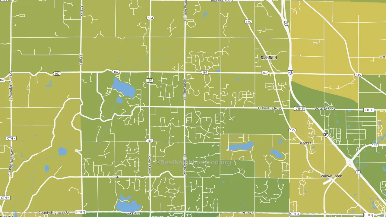 Map of the best neighborhoods in the Hubertus area, with better matches in green and worse matches in red