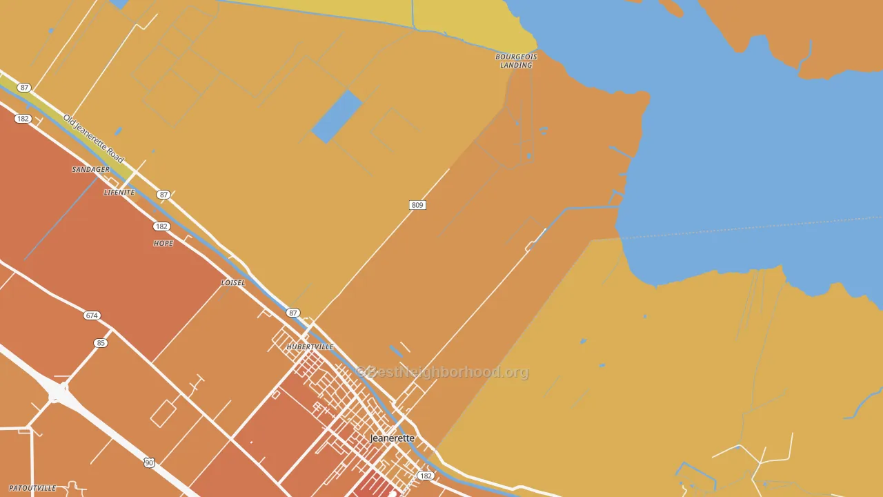 Map of the best neighborhoods in the Hubertville area, with better matches in green and worse matches in red
