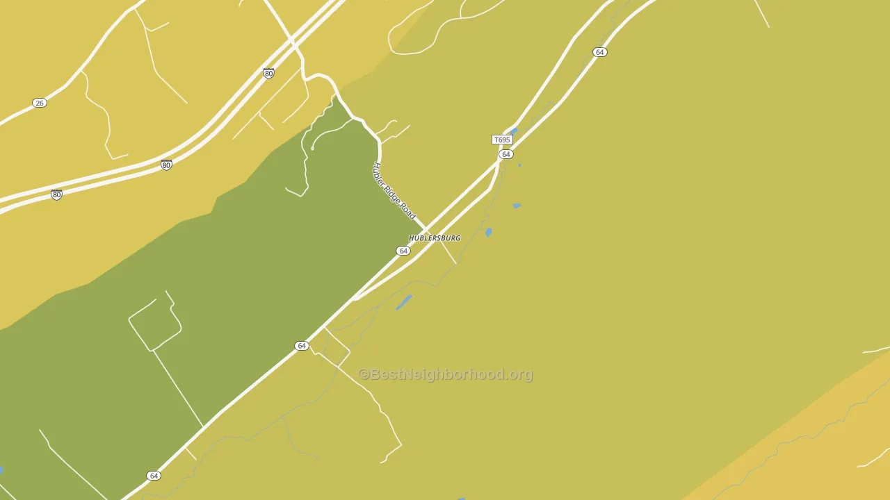 Map of the best neighborhoods in the Hublersburg area, with better matches in green and worse matches in red