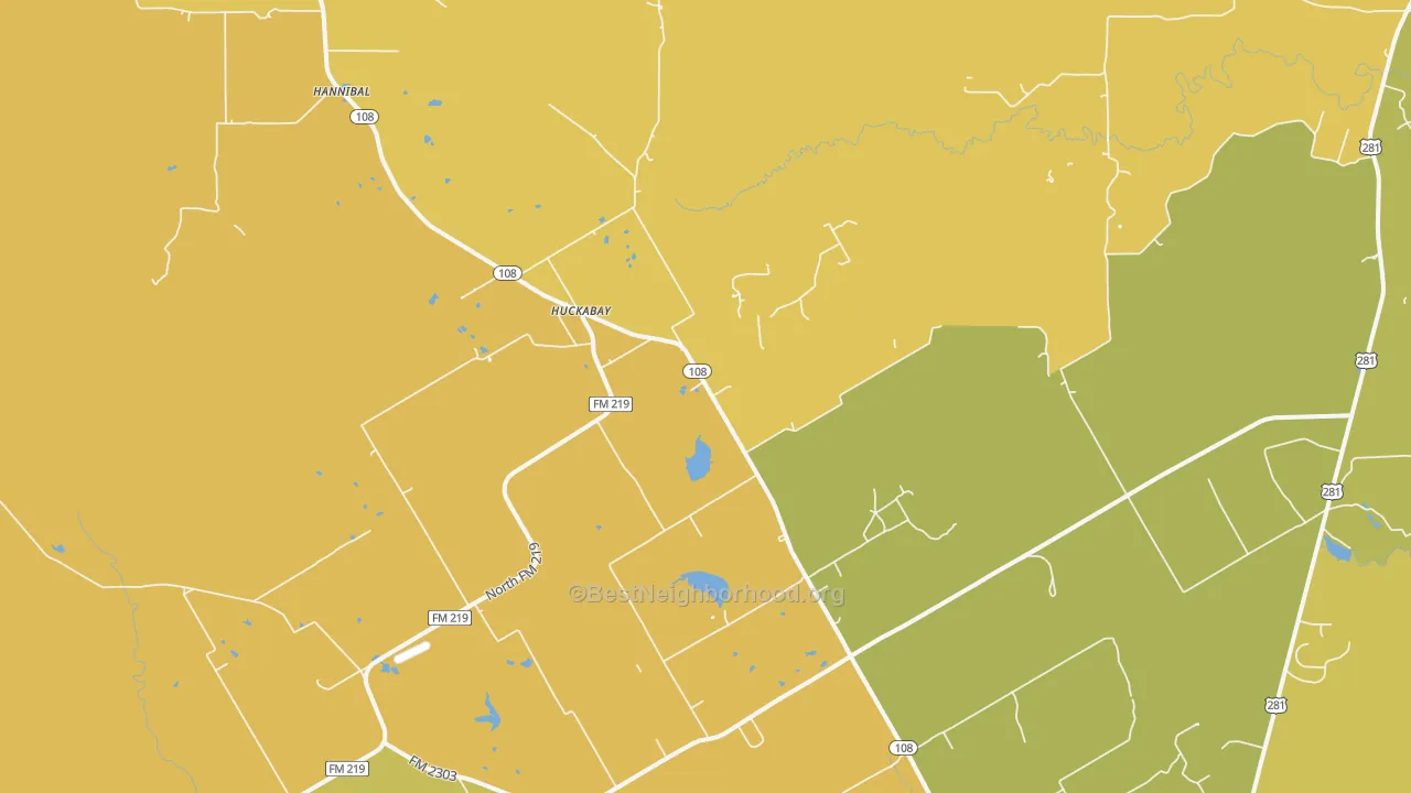Map of the best neighborhoods in the Huckabay area, with better matches in green and worse matches in red