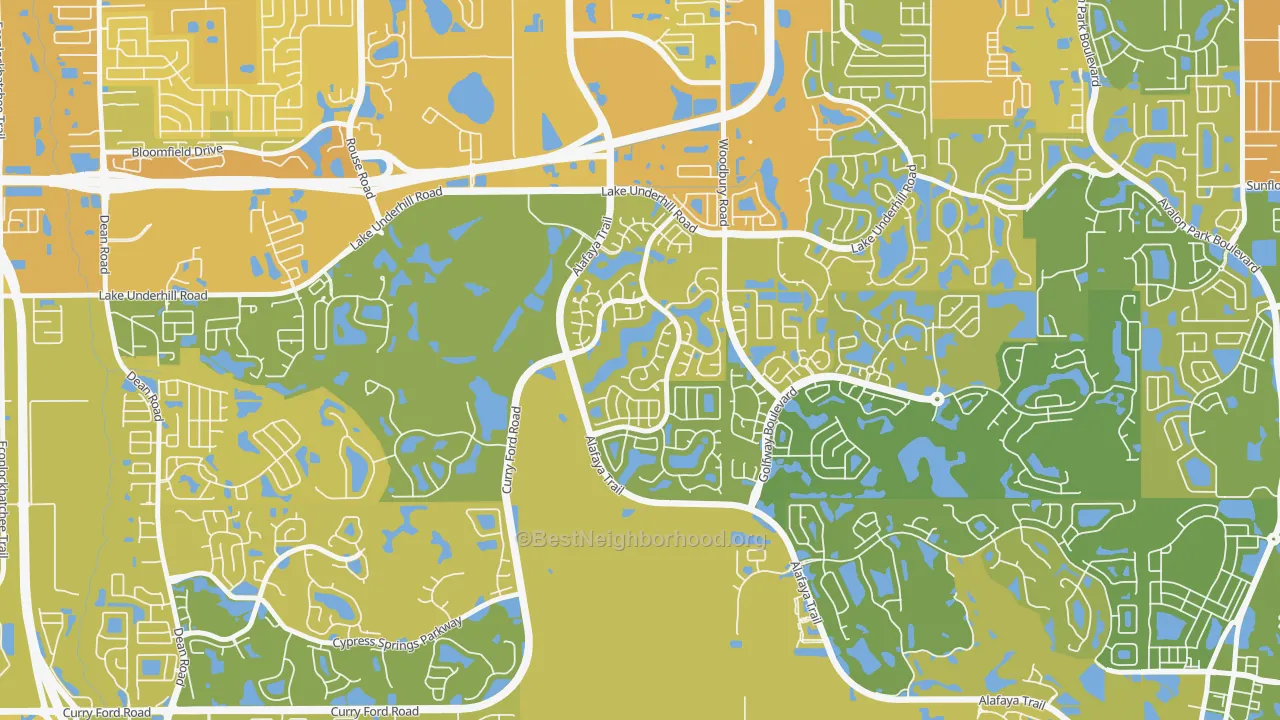 Map of the best neighborhoods in the Huckleberry Fields, Alafaya area, with better matches in green and worse matches in red