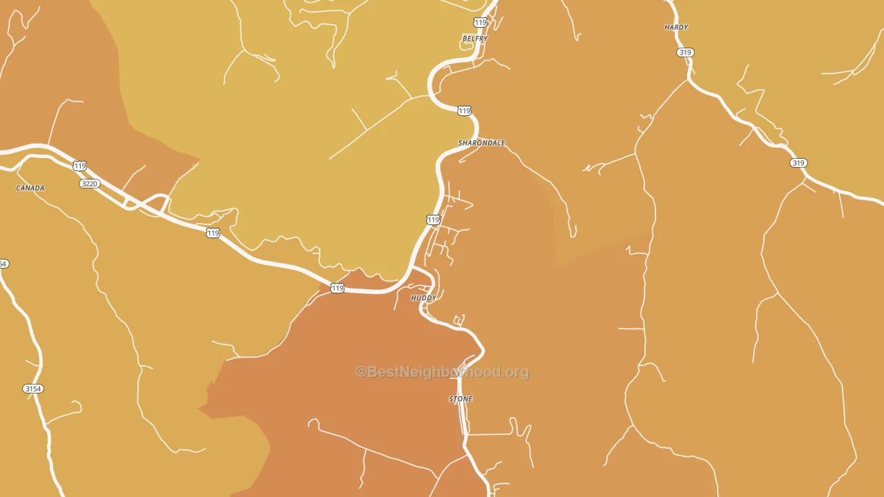 Map of the best neighborhoods in the Huddy area, with better matches in green and worse matches in red