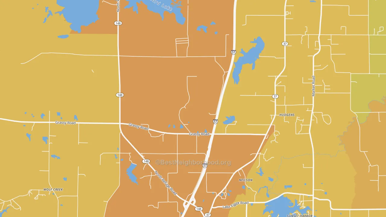Map of the best neighborhoods in the Hudgens area, with better matches in green and worse matches in red