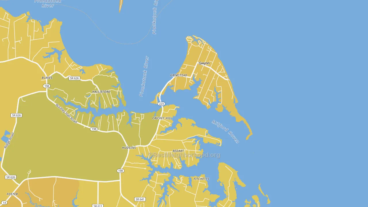 Map of the best neighborhoods in the Hudgins area, with better matches in green and worse matches in red