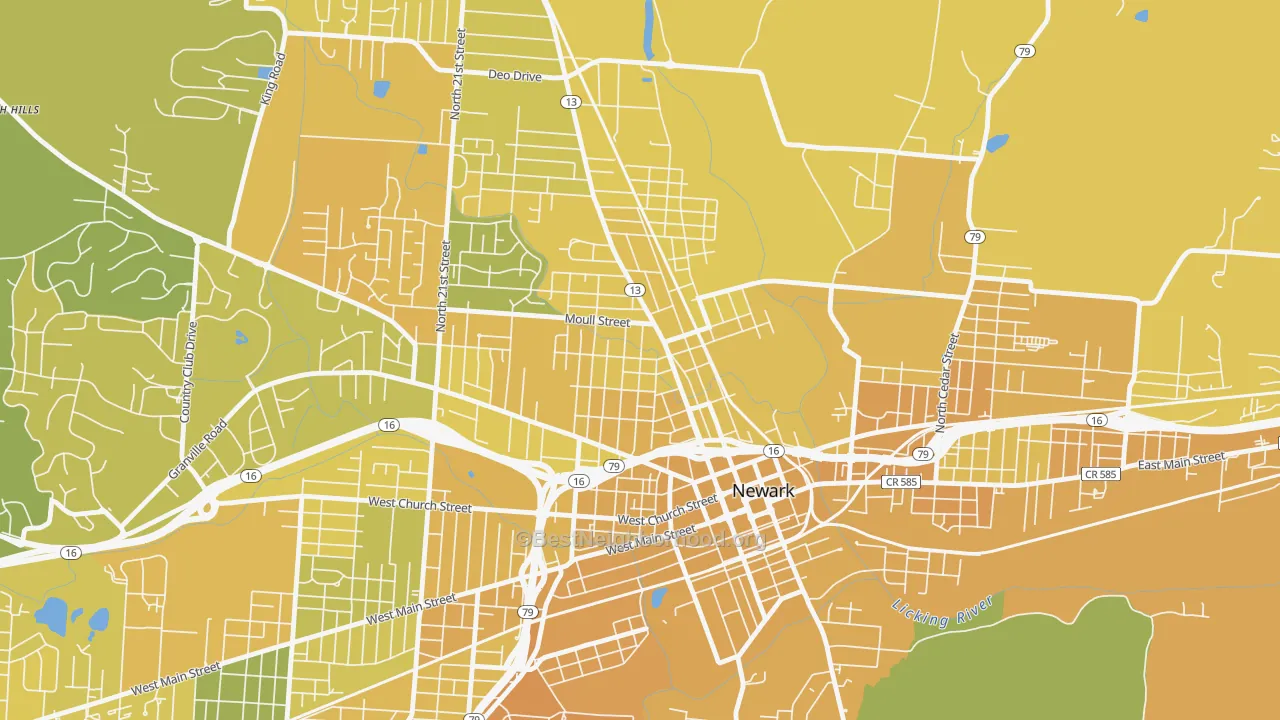 Map of the best neighborhoods in the Hudson Avenue Historic District, Newark area, with better matches in green and worse matches in red