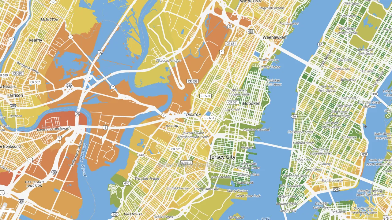 Map of the best neighborhoods in the Hudson County area, with better matches in green and worse matches in red