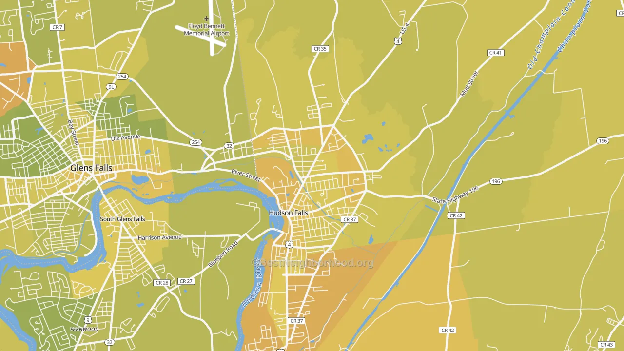 Map of the best neighborhoods in the Hudson Falls area, with better matches in green and worse matches in red