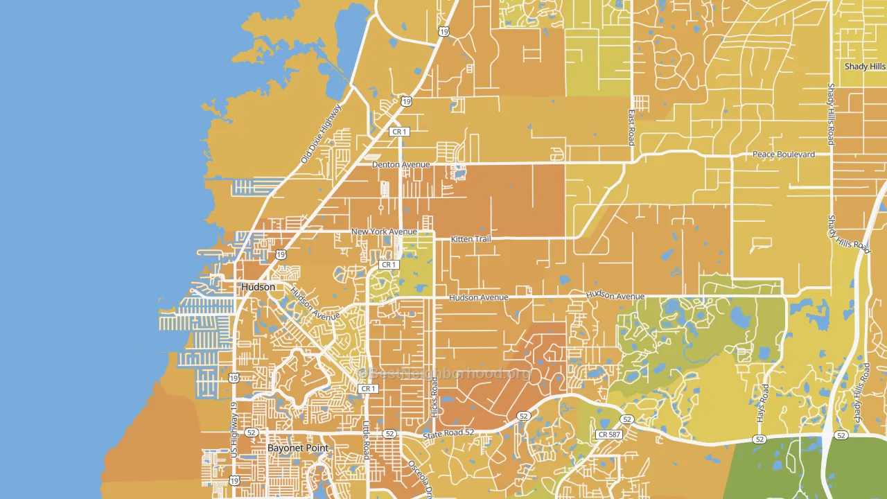 Map of the best neighborhoods in the Hudson area, with better matches in green and worse matches in red