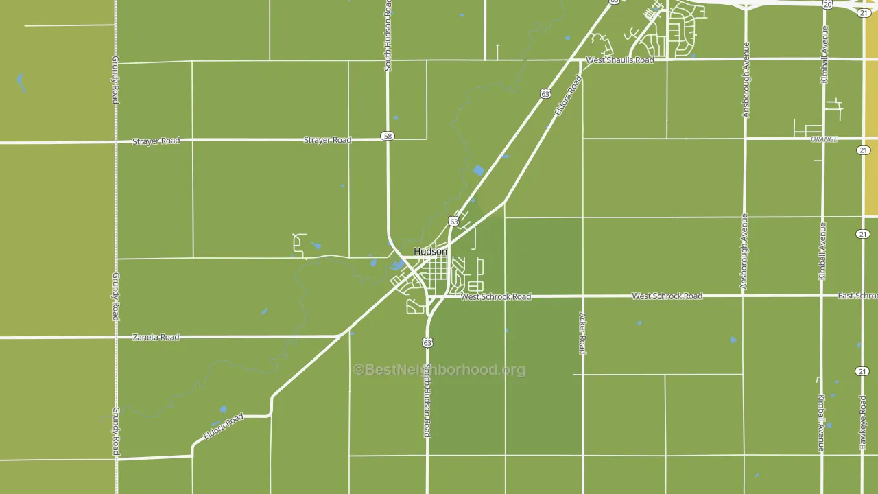 Map of the best neighborhoods in the Hudson area, with better matches in green and worse matches in red