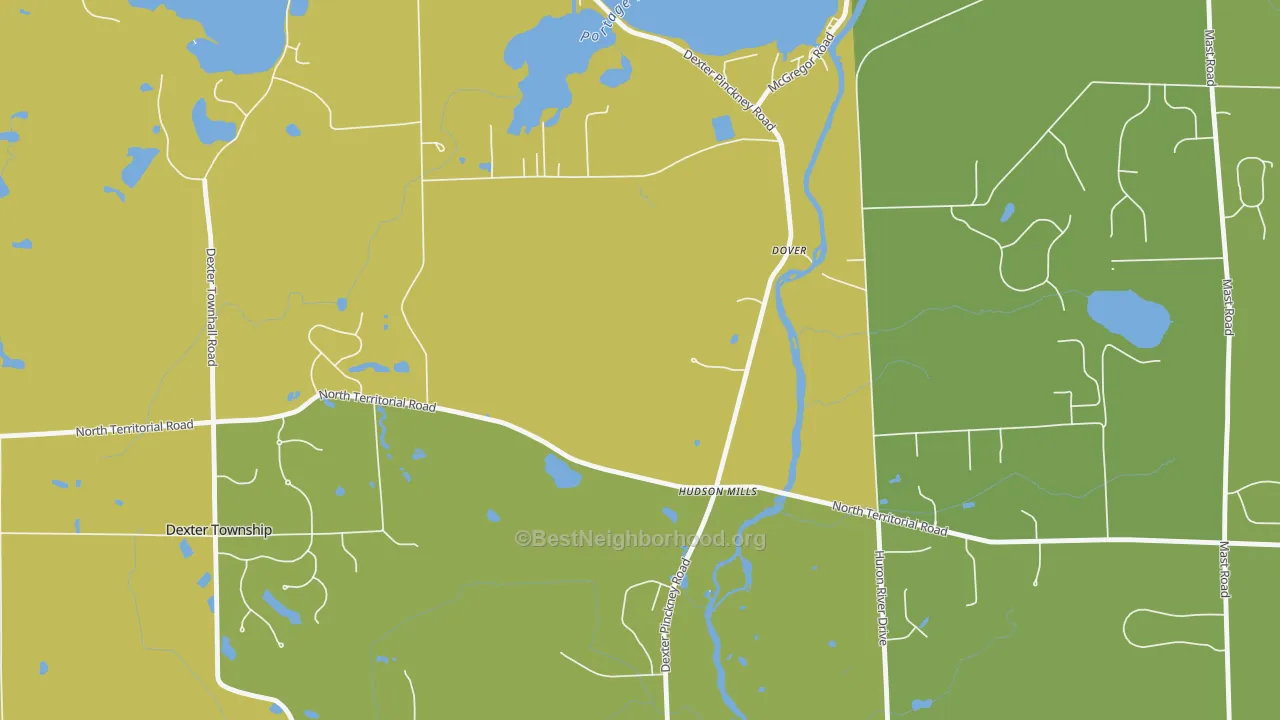 Map of the best neighborhoods in the Hudson Mills area, with better matches in green and worse matches in red