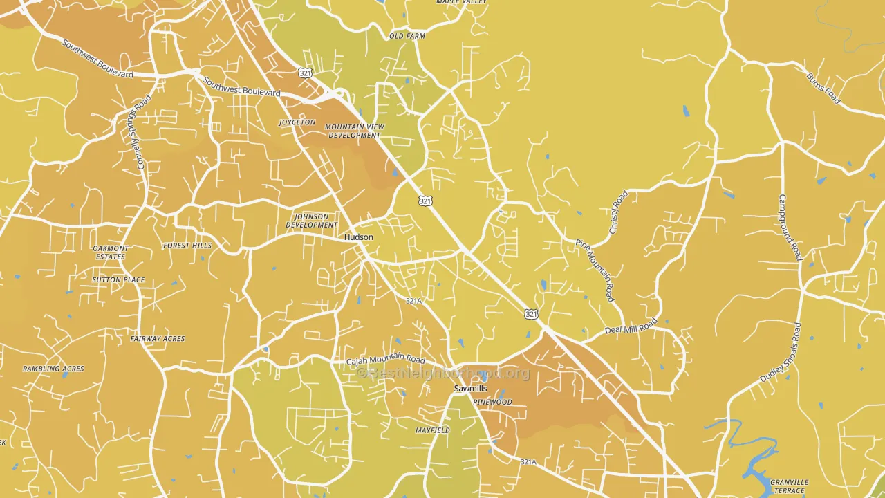 Map of the best neighborhoods in the Hudson area, with better matches in green and worse matches in red