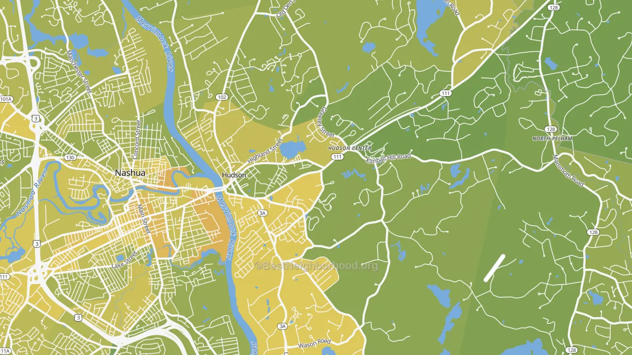 Map of the best neighborhoods in the Hudson area, with better matches in green and worse matches in red