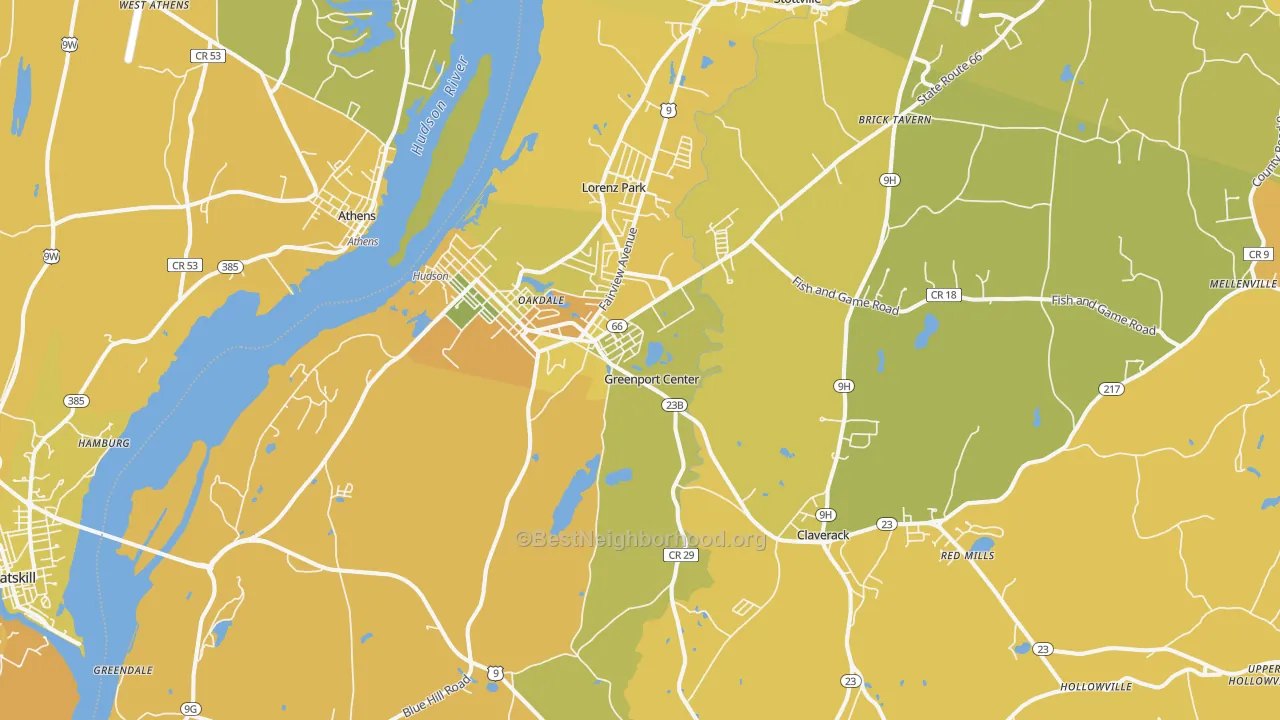Map of the best neighborhoods in the Hudson area, with better matches in green and worse matches in red