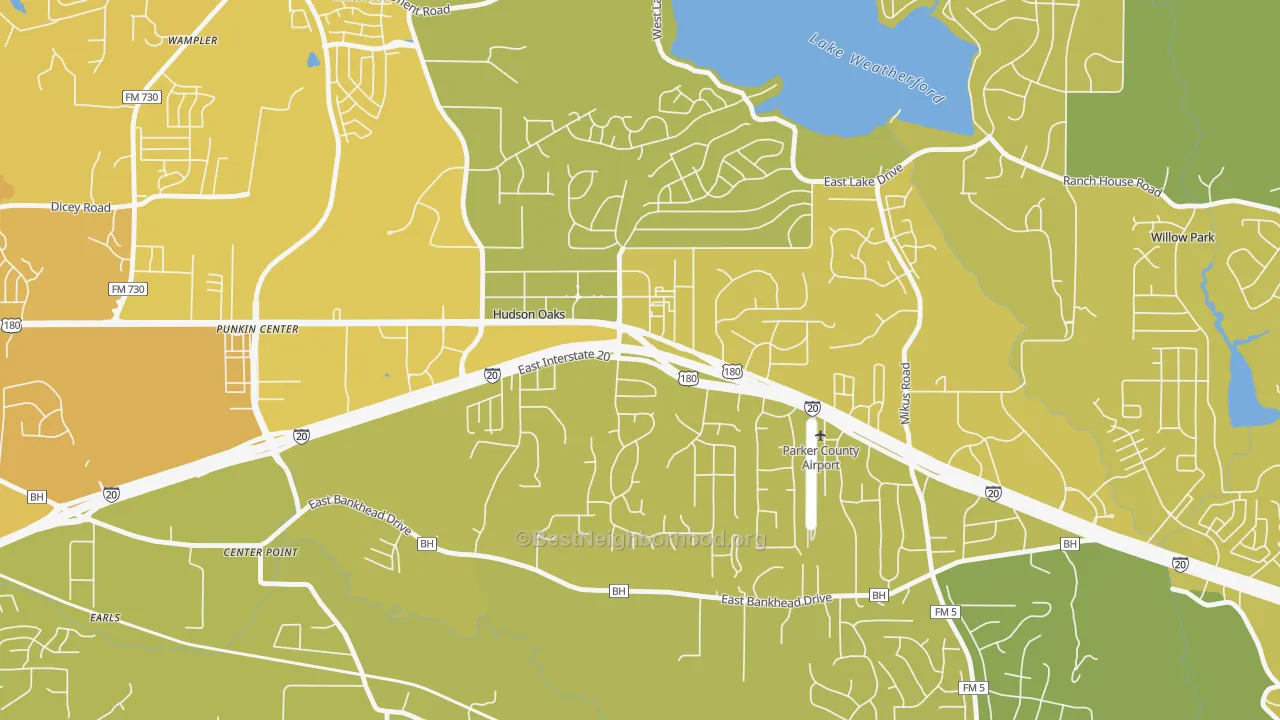 Map of the best neighborhoods in the Hudson Oaks area, with better matches in green and worse matches in red