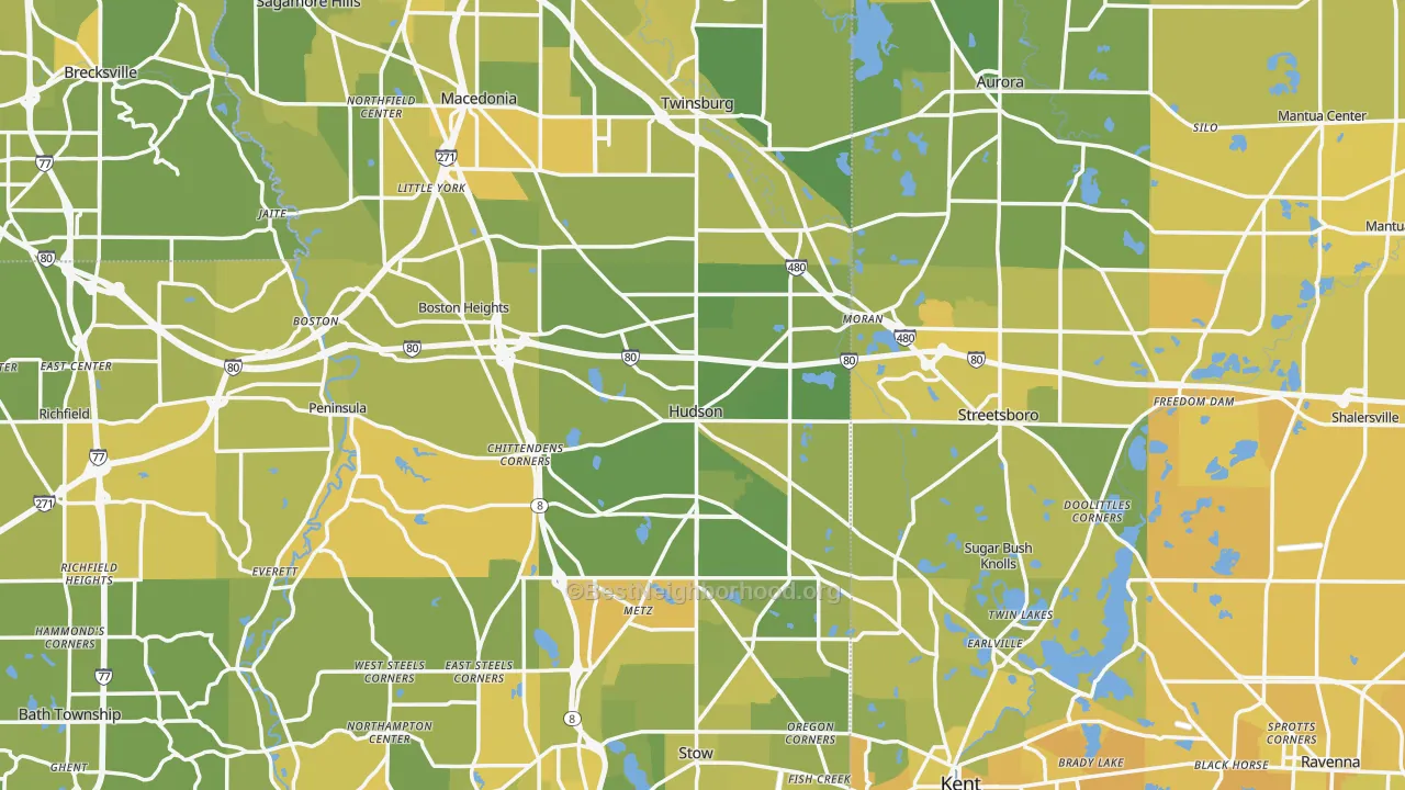 Map of the best neighborhoods in the Hudson area, with better matches in green and worse matches in red
