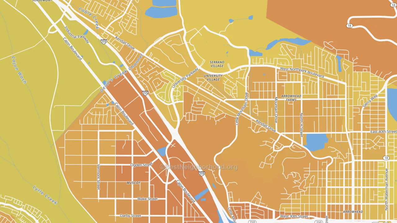 Map of the best neighborhoods in the Hudson, San Bernardino area, with better matches in green and worse matches in red