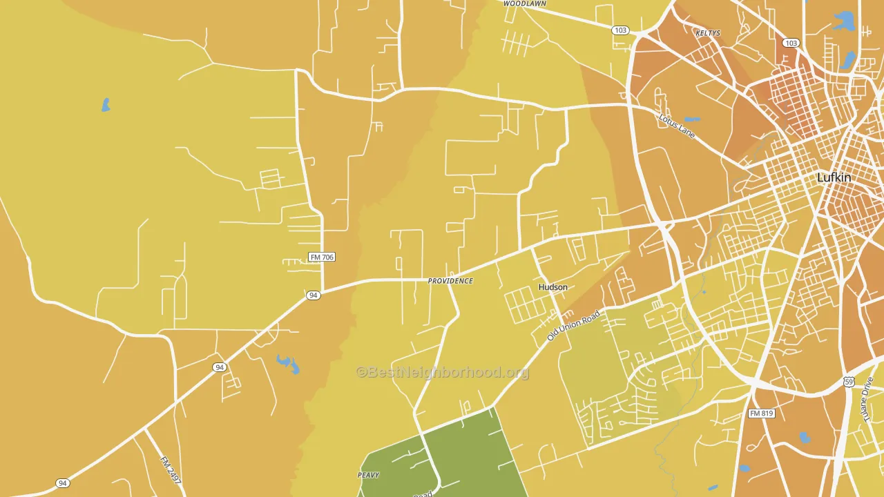 Map of the best neighborhoods in the Hudson area, with better matches in green and worse matches in red