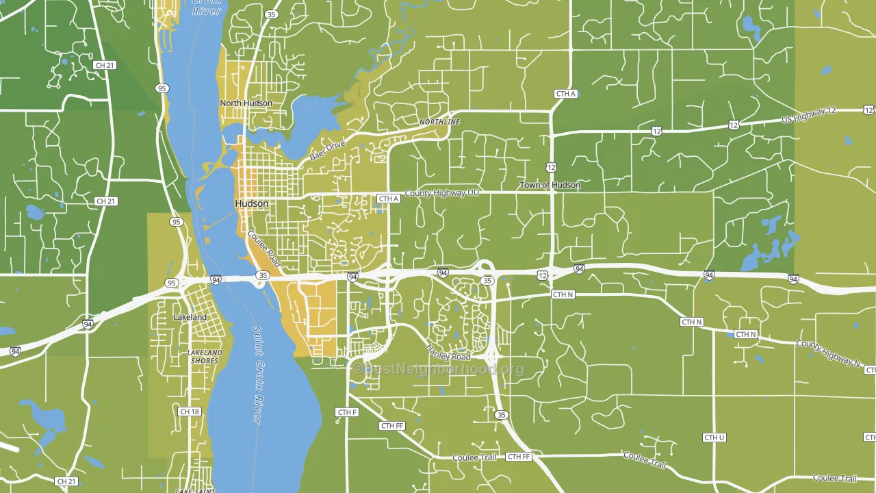 Map of the best neighborhoods in the Hudson area, with better matches in green and worse matches in red
