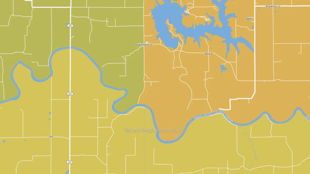 Map of the best neighborhoods in the Hudsonville area, with better matches in green and worse matches in red