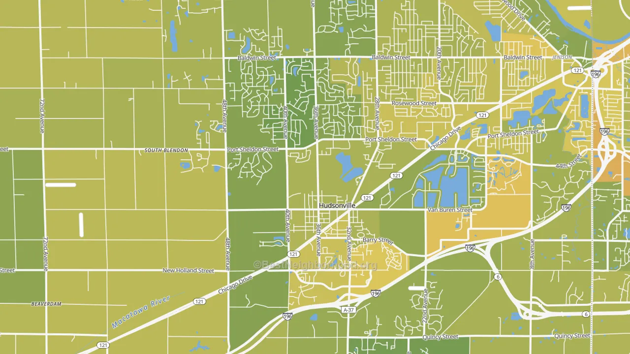 Map of the best neighborhoods in the Hudsonville area, with better matches in green and worse matches in red