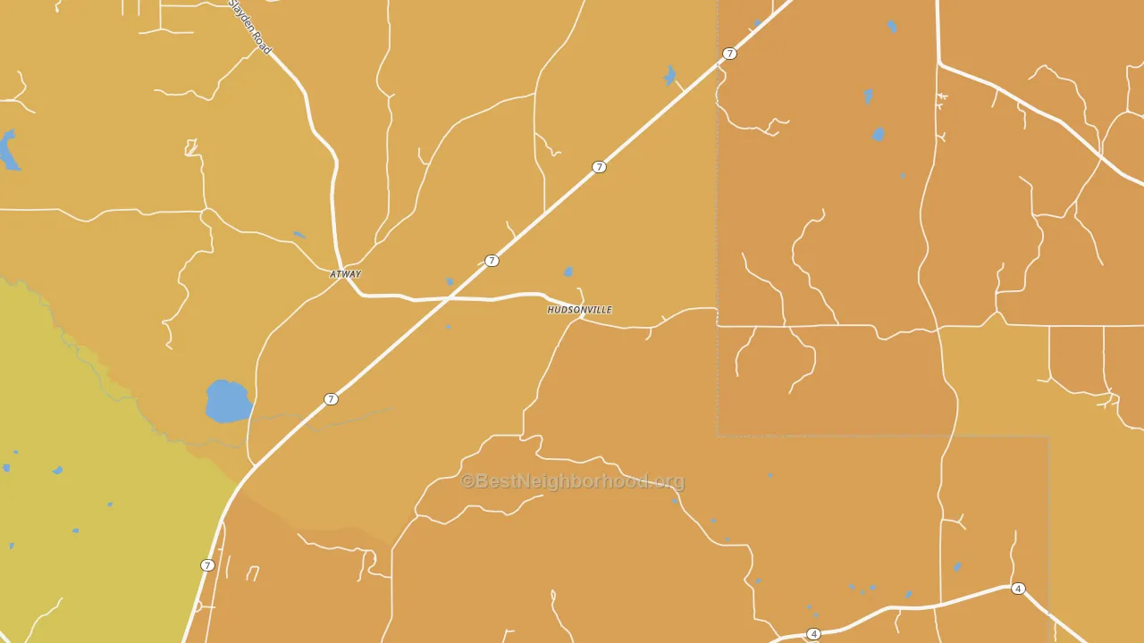 Map of the best neighborhoods in the Hudsonville area, with better matches in green and worse matches in red