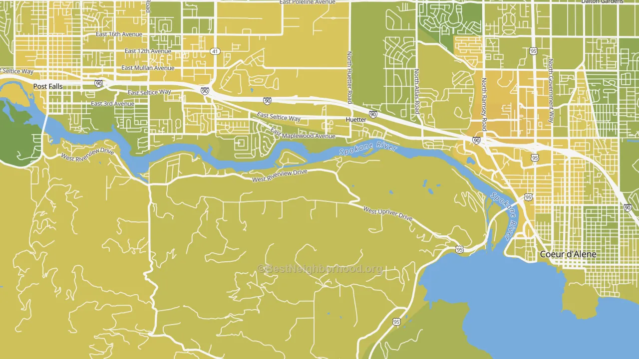Map of the best neighborhoods in the Huetter area, with better matches in green and worse matches in red