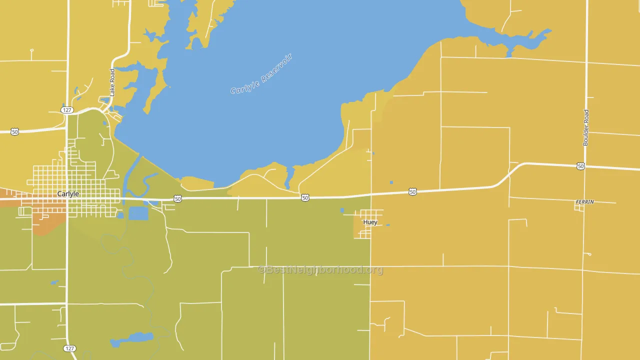 Map of the best neighborhoods in the Huey area, with better matches in green and worse matches in red