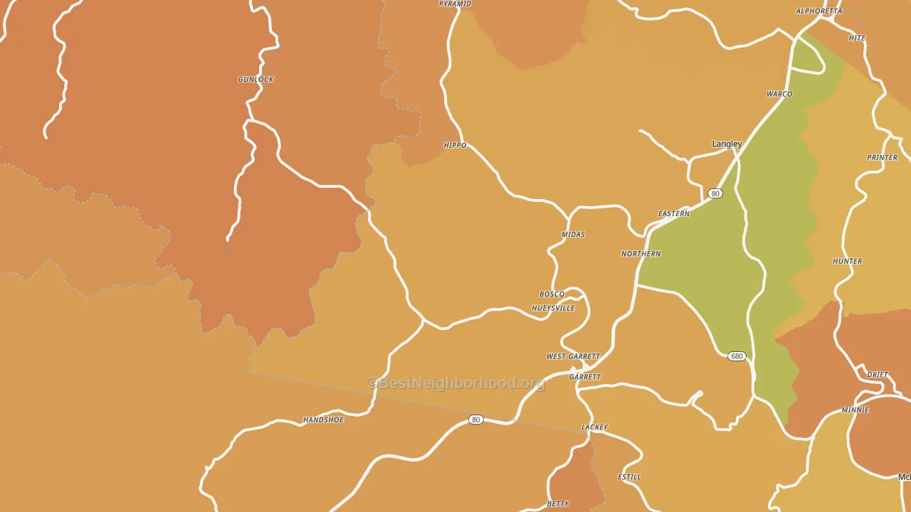 Map of the best neighborhoods in the Hueysville area, with better matches in green and worse matches in red