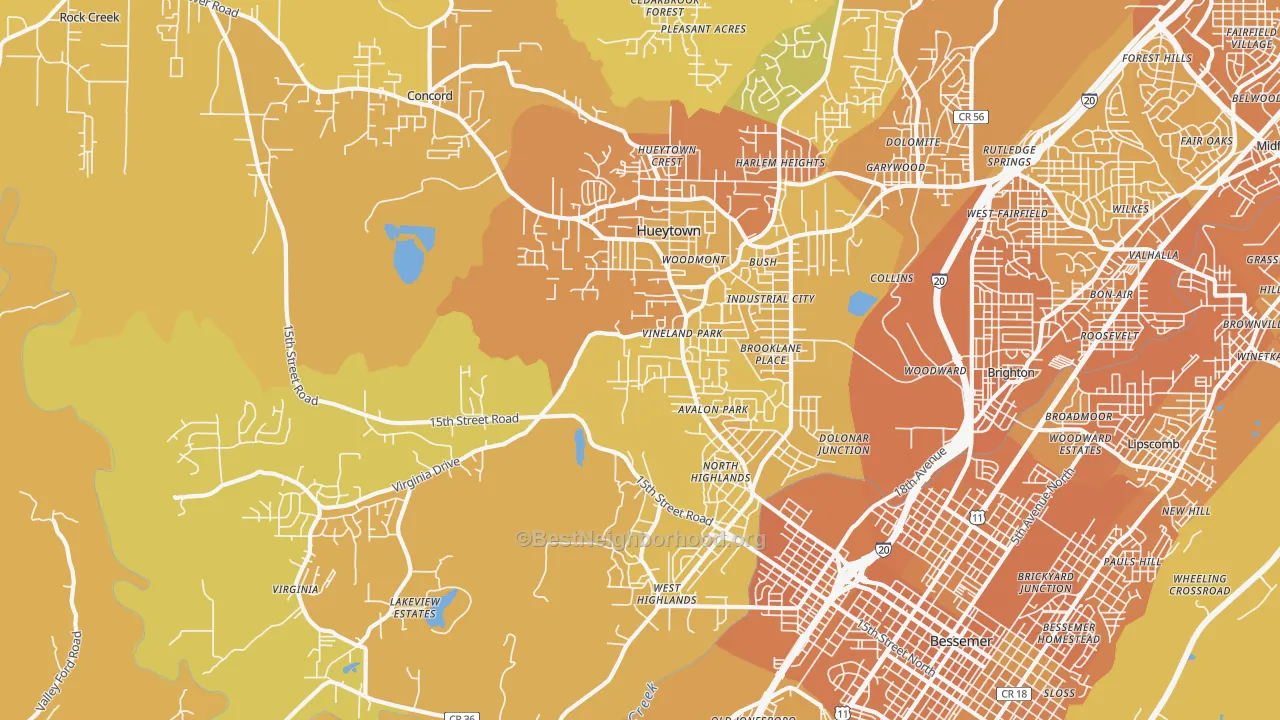 Map of the best neighborhoods in the Hueytown area, with better matches in green and worse matches in red