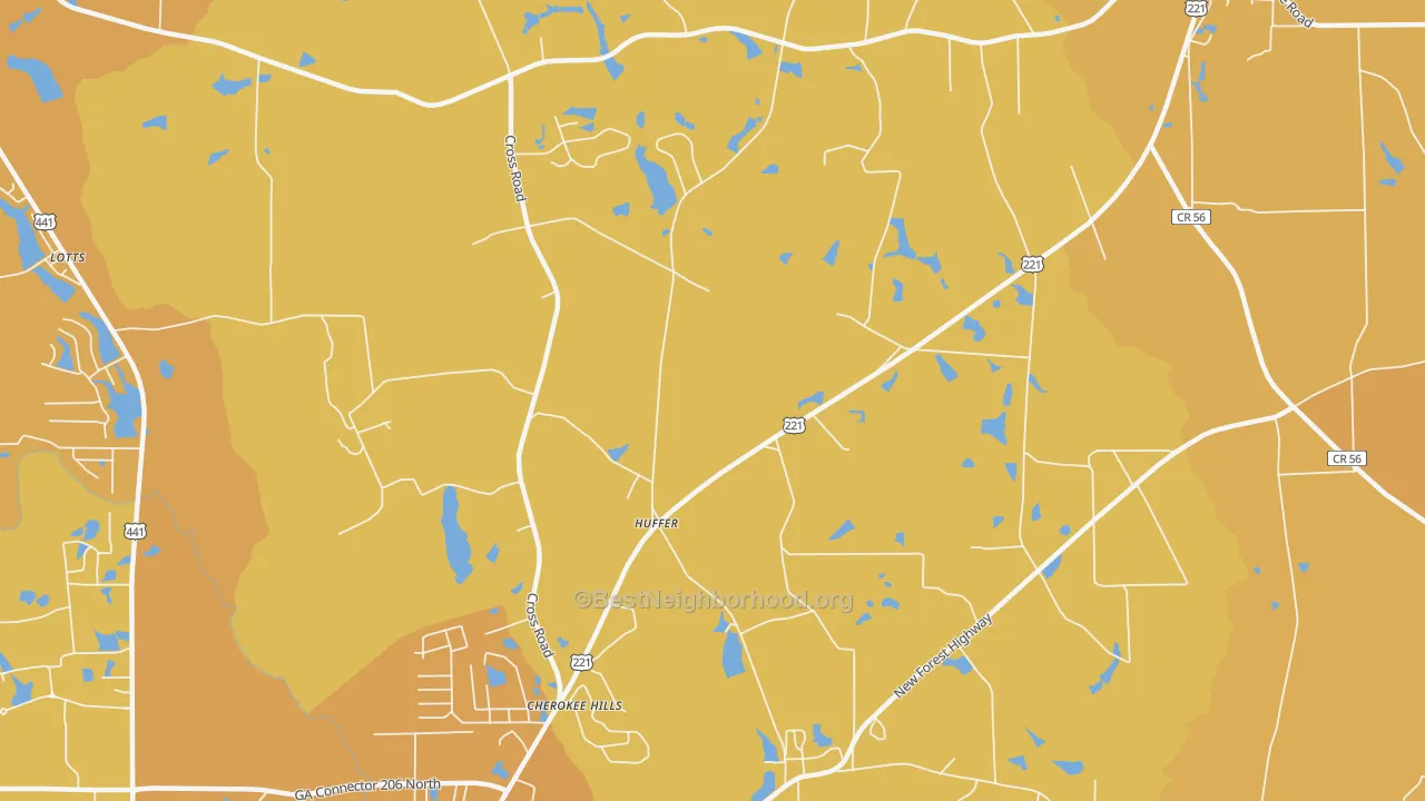 Map of the best neighborhoods in the Huffer area, with better matches in green and worse matches in red