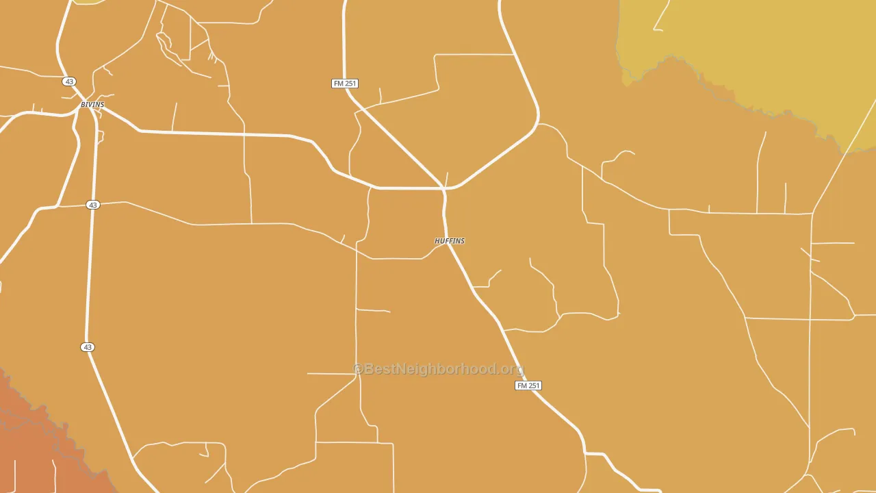Map of the best neighborhoods in the Huffines area, with better matches in green and worse matches in red