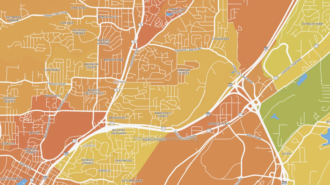 Map of the best neighborhoods in the Huffman, Birmingham area, with better matches in green and worse matches in red