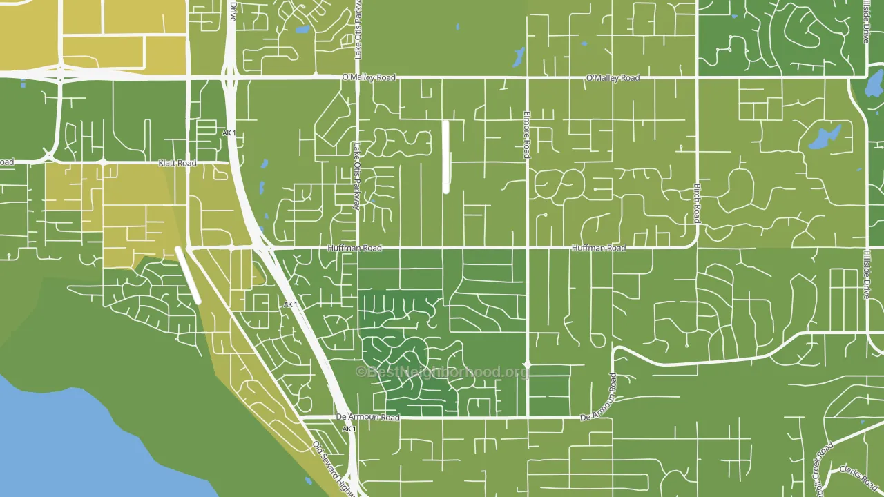 Map of the best neighborhoods in the Huffman-O'Malley, Anchorage area, with better matches in green and worse matches in red