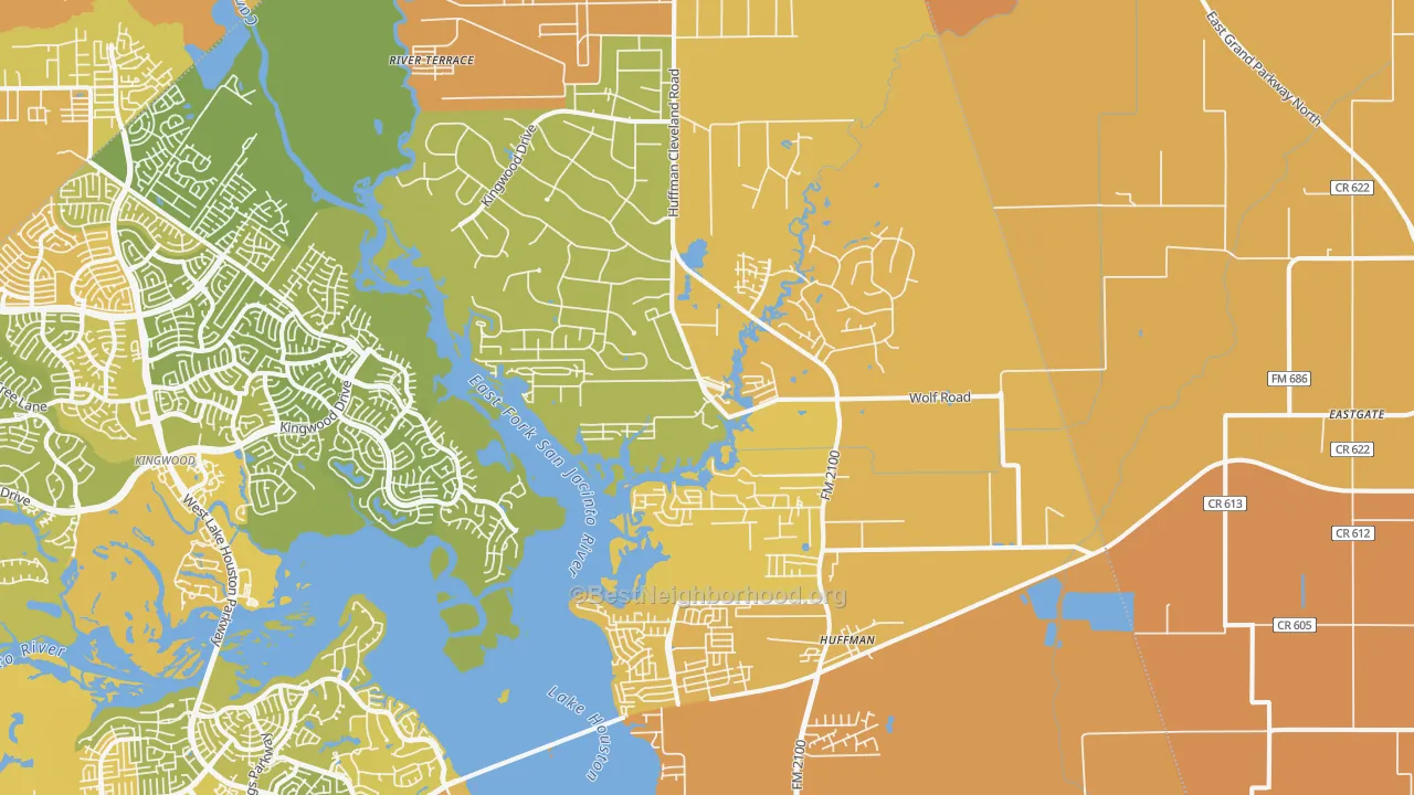 Map of the best neighborhoods in the Huffman area, with better matches in green and worse matches in red