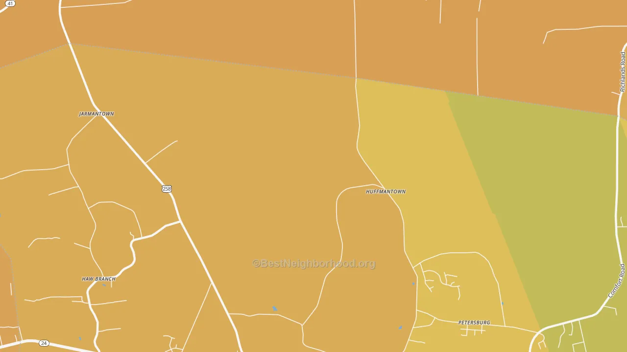 Map of the best neighborhoods in the Huffmantown area, with better matches in green and worse matches in red