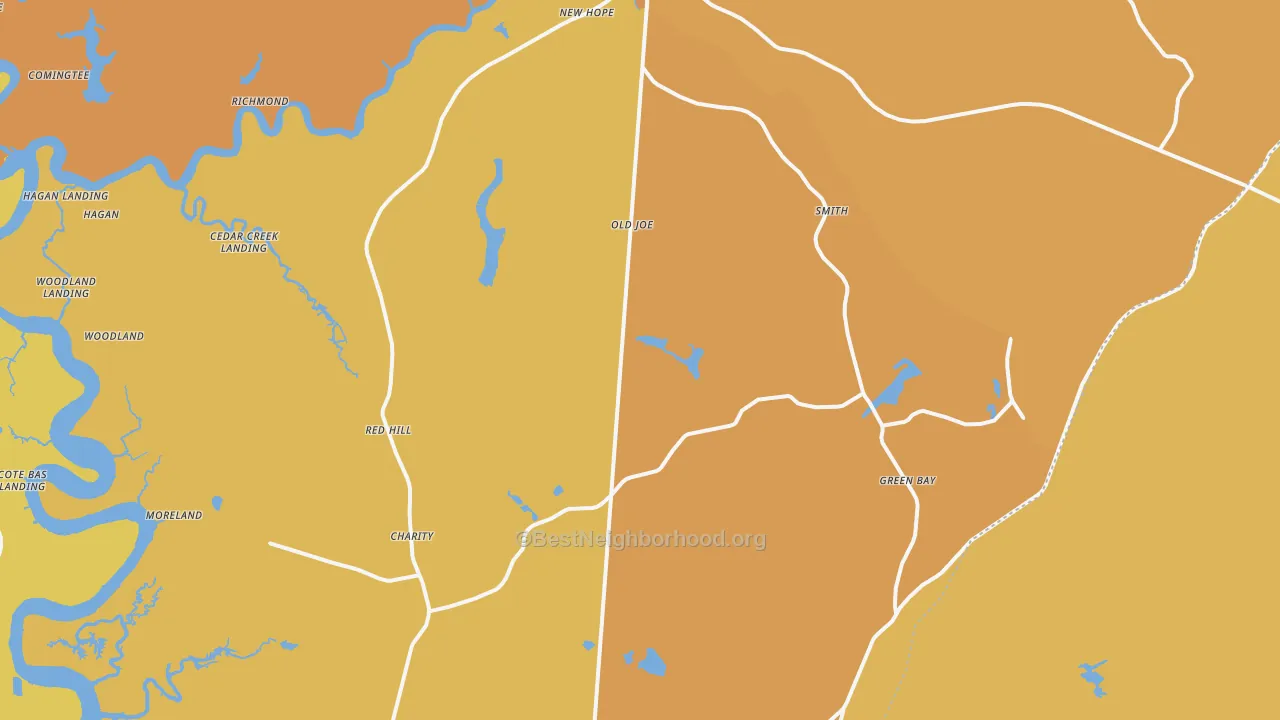 Map of the best neighborhoods in the Huger area, with better matches in green and worse matches in red