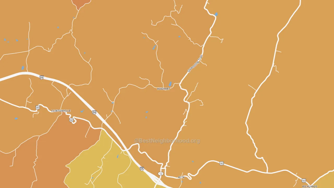 Map of the best neighborhoods in the Hughart area, with better matches in green and worse matches in red