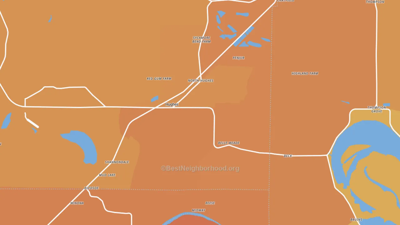 Map of the best neighborhoods in the Hughes area, with better matches in green and worse matches in red