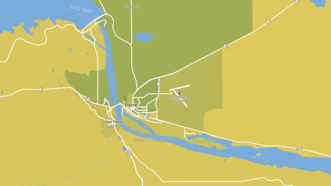 Map of the best neighborhoods in the Hughes County area, with better matches in green and worse matches in red